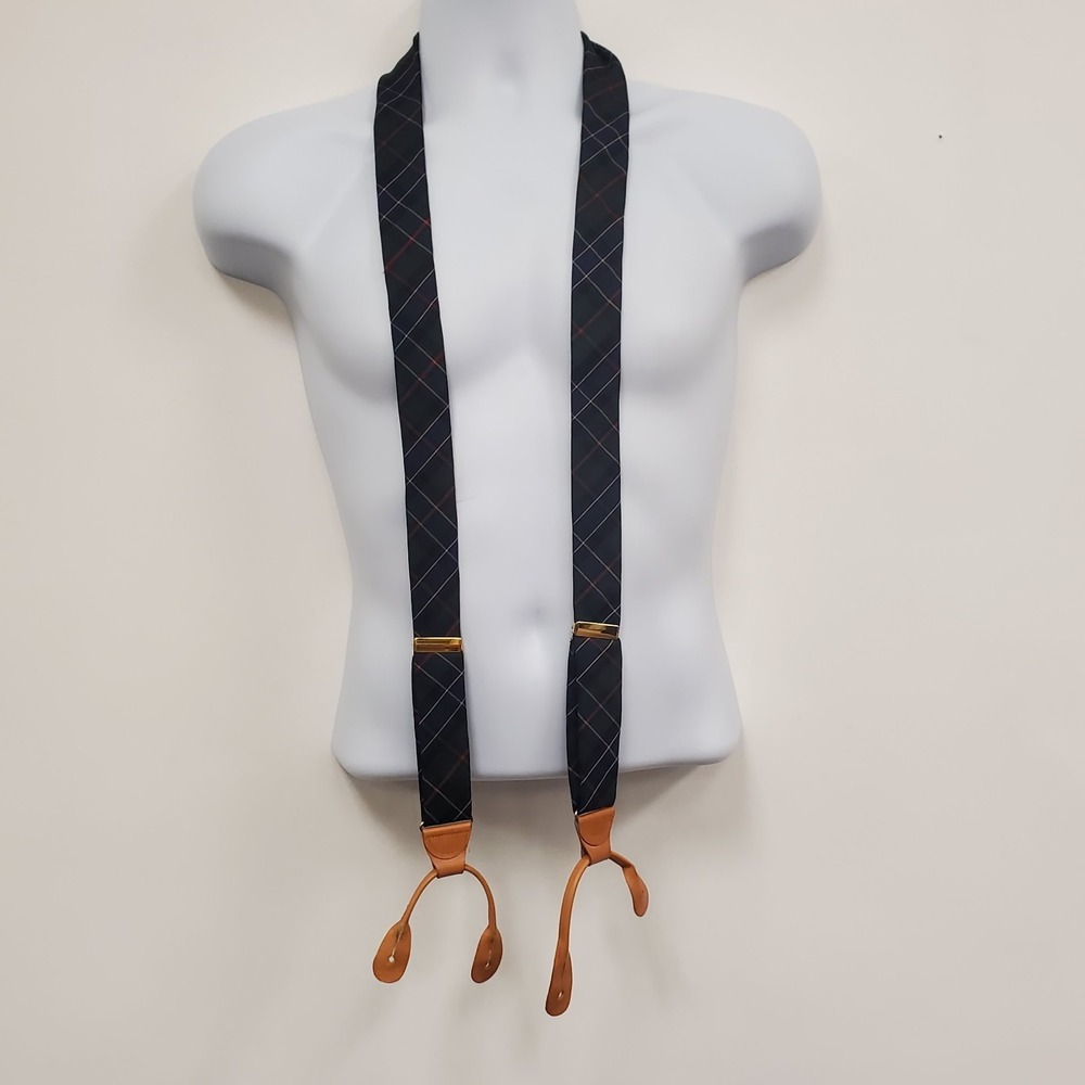 Vintage Pendleton Mens Leather Tartan Plaid Button Suspenders‎ Wool Academia